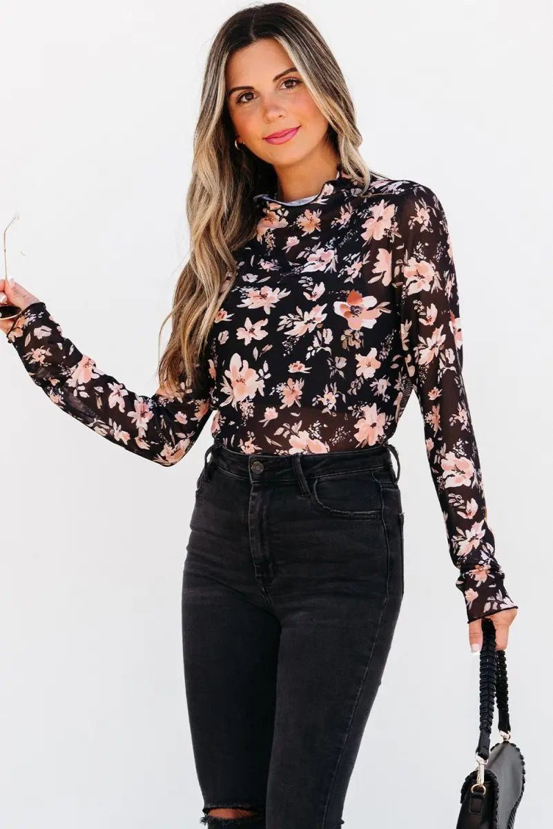Black Floral Mesh Mock Neck Long Sleeve Slim Fit Top - Love Salve